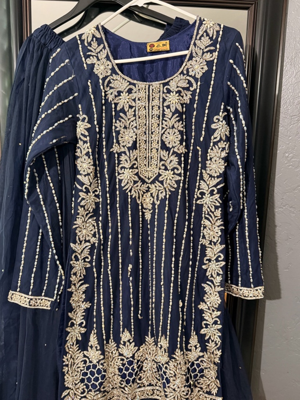 Embroidered Navy Blue Formal three piece with Gold Beadwork
